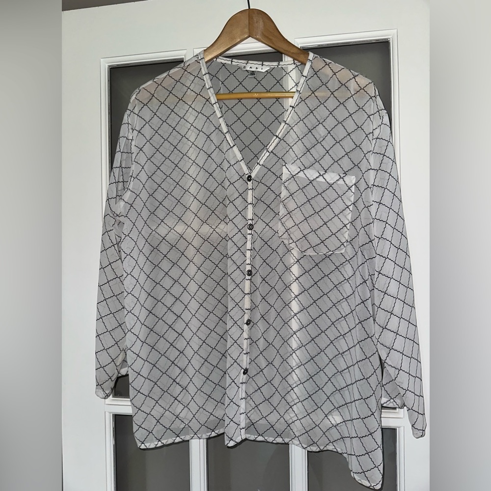 CAbi white long sleeve grid sheer top M